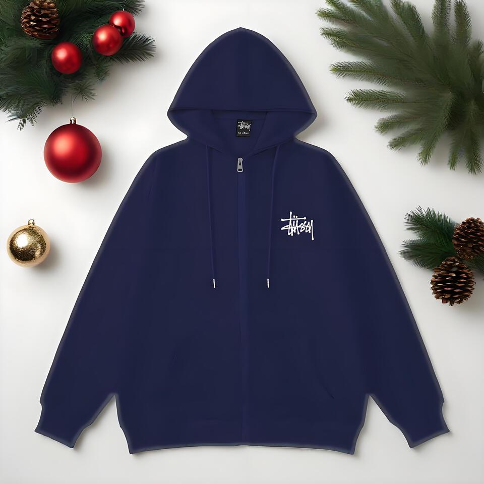 Stussy Navy Blue Hoodie Unisex Street Graffiti Print Cotton