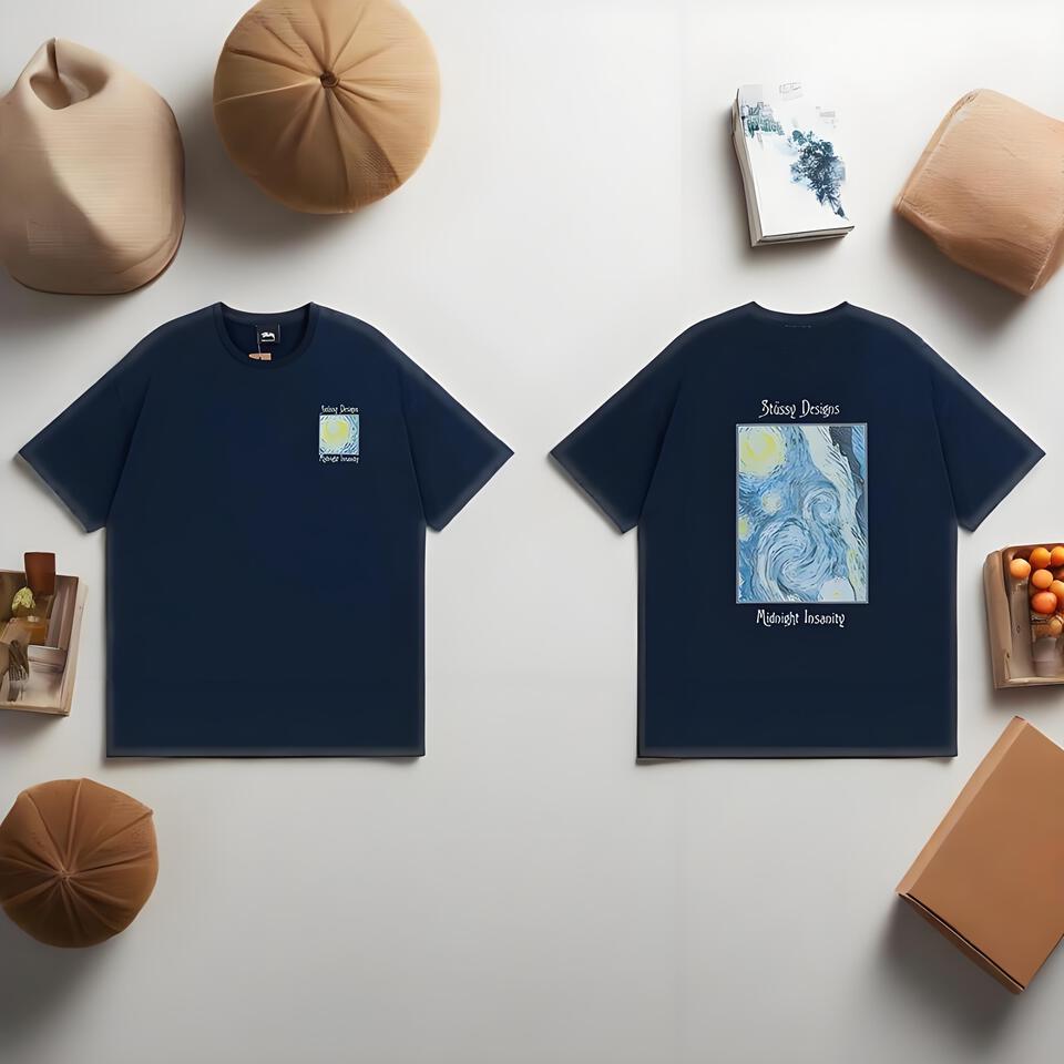 Stussy Navy Blue Loose Fit Cotton T-Shirt Unisex Streetwear