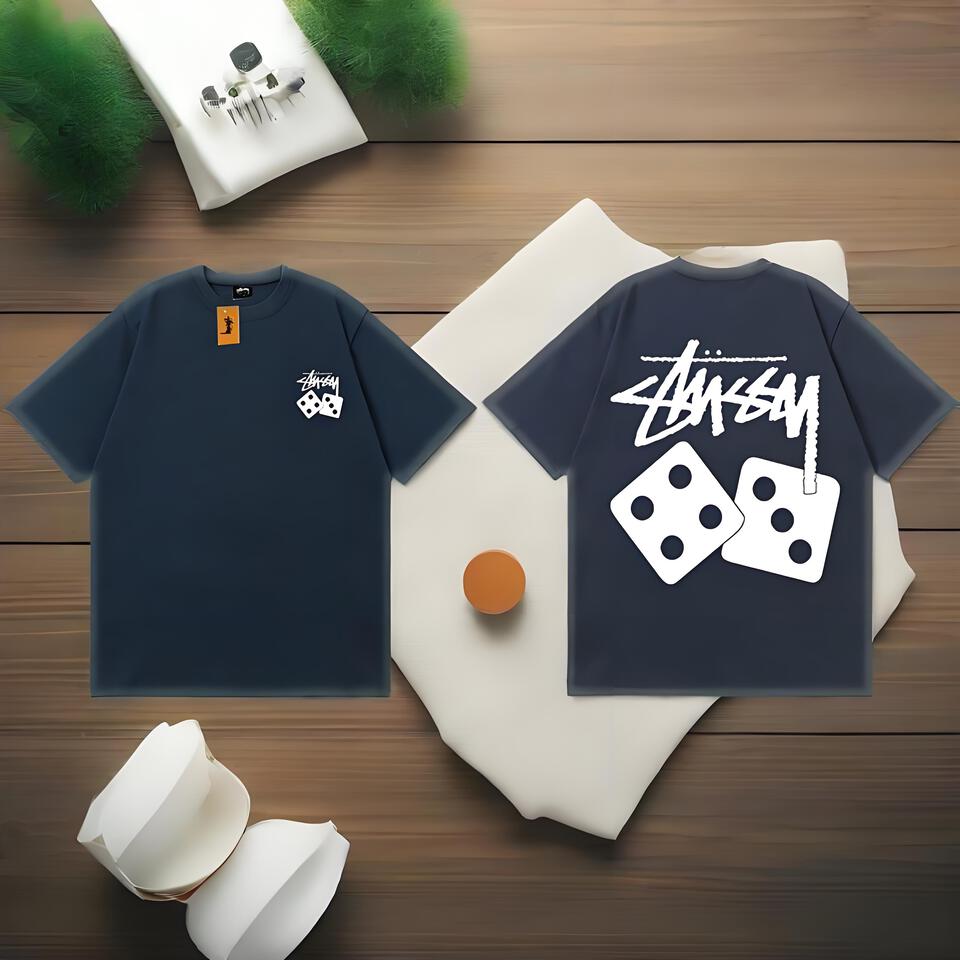 Stussy Navy Blue Loose Fit Cotton Tee Unisex Streetwear Graphic