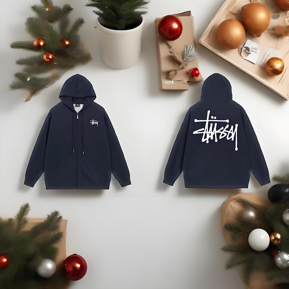 Stussy Navy Blue Unisex Hoodie Street Graffiti Style