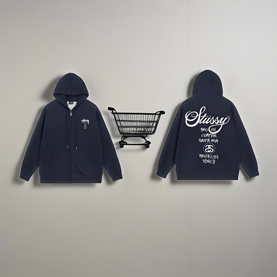 Stussy Navy Cotton Blend Zip Hoodie Unisex Streetwear