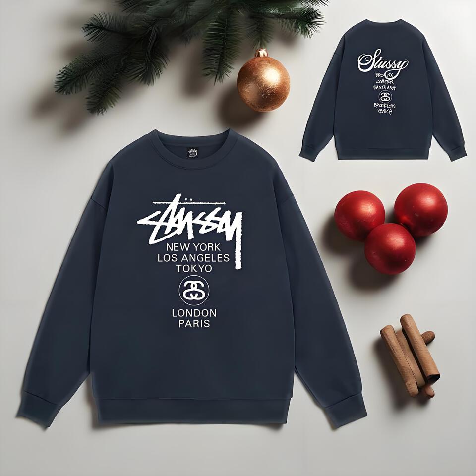 Stussy Navy Cotton Crewneck Sweatshirt Unisex Streetwear