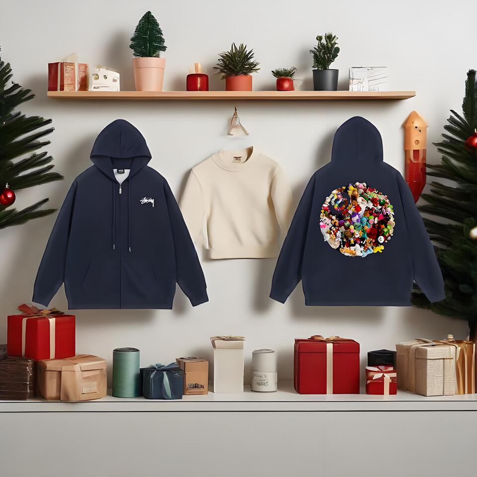 Stussy Navy Cotton Hooded Sweatshirt Unisex Streetwear