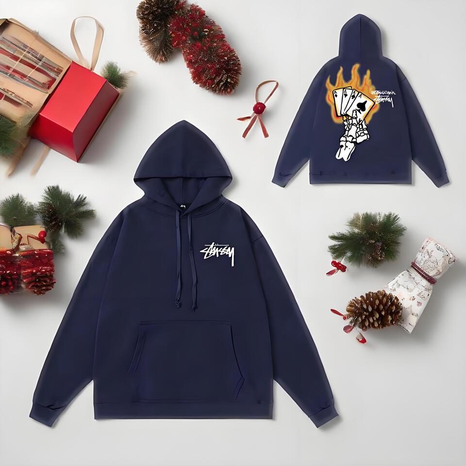 Stussy Navy Cotton Hoodie Street Flame Poker Pattern Unisex