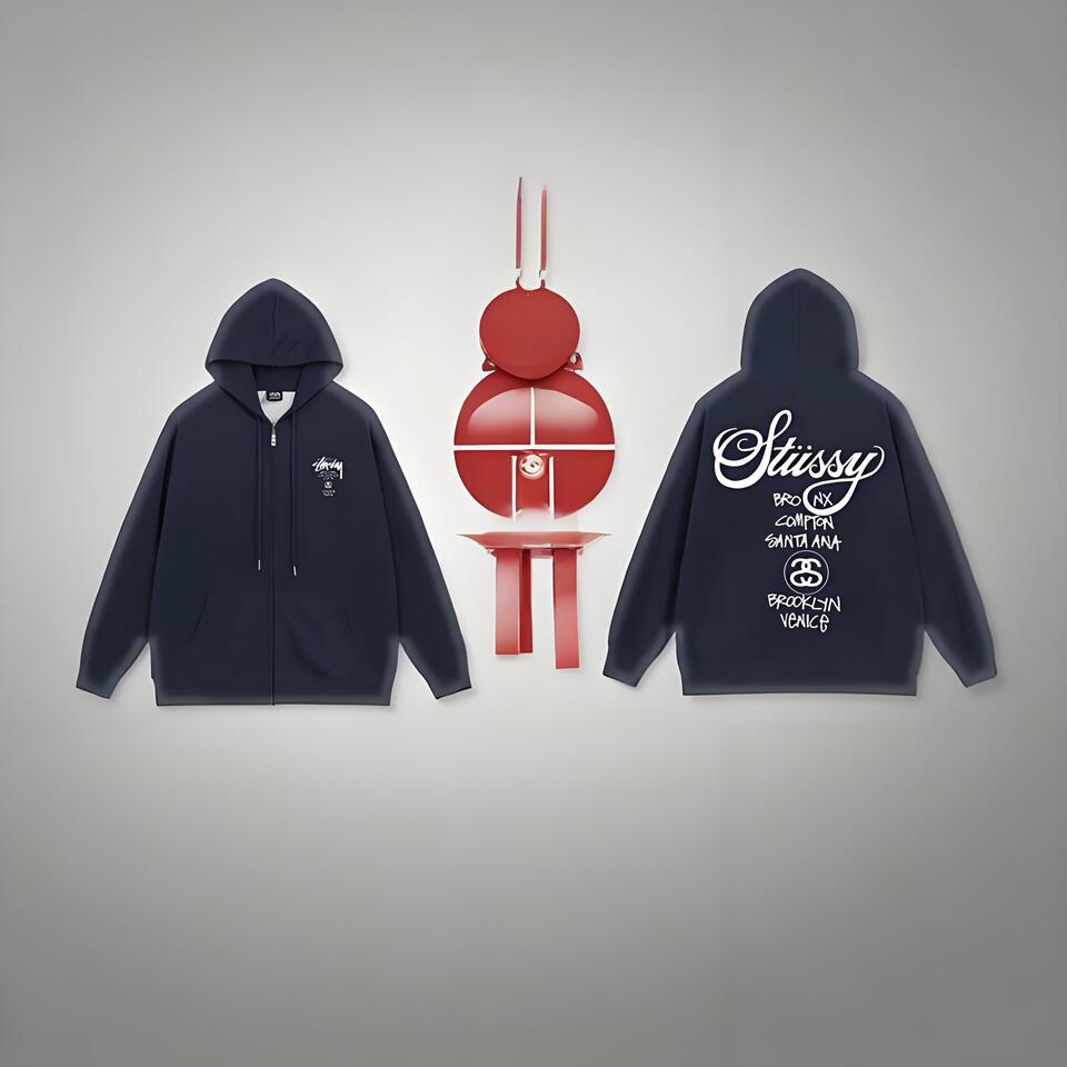 Stussy Navy Cotton Hoodie Urban Print Unisex Streetwear
