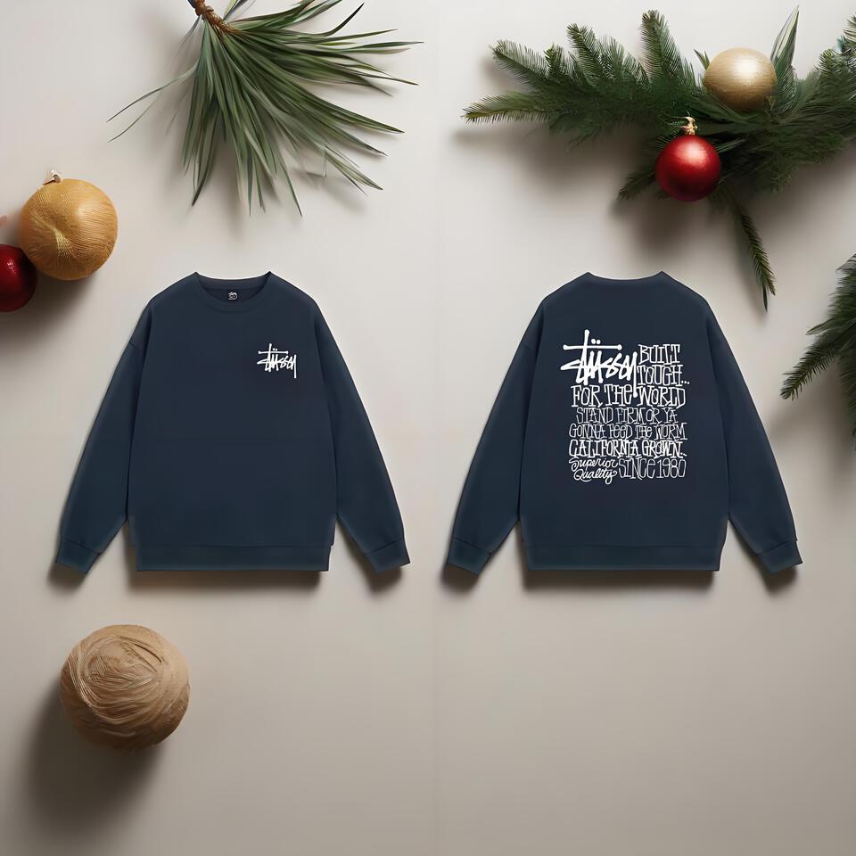 Stussy Navy Cotton Loose Fit Crewneck Streetwear Graphic Hoodie Unisex