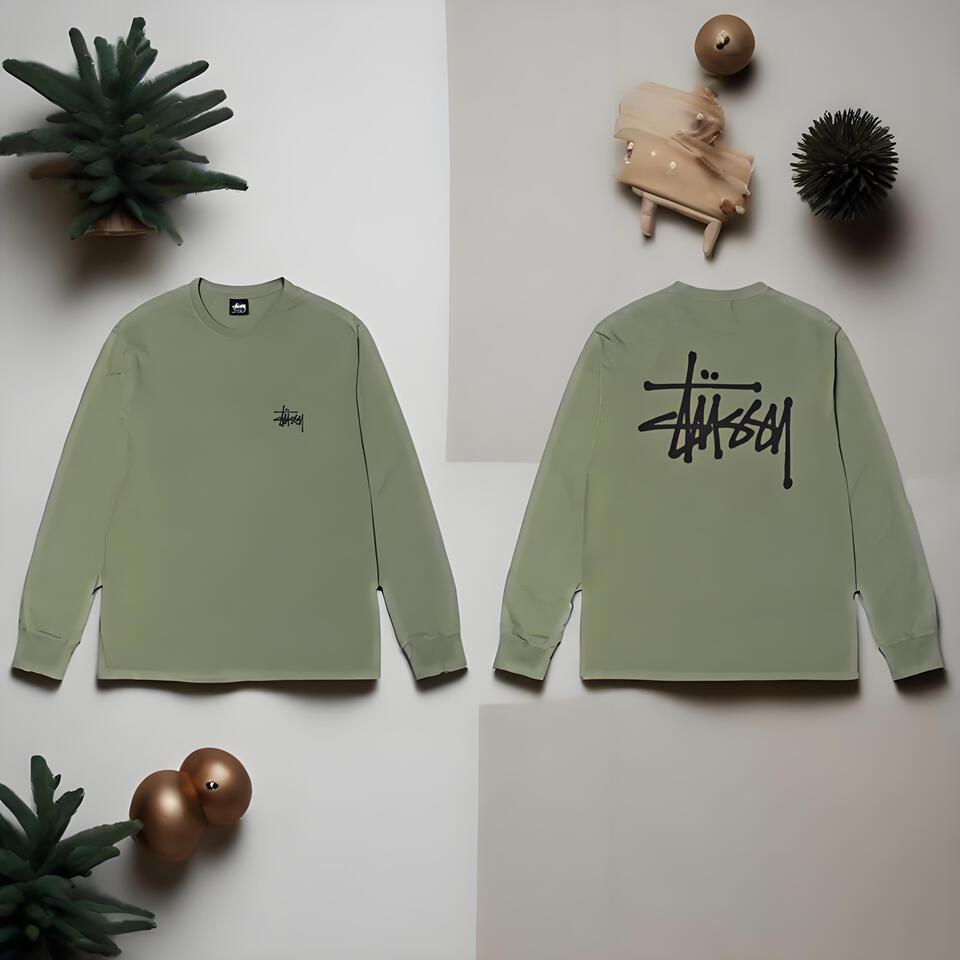 Stussy Olive Green Cotton Streetwear Long Sleeve Tee