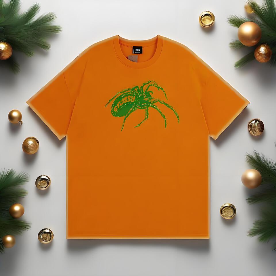 Stussy Orange Loose Fit Cotton T-Shirt Spider Print Streetwear