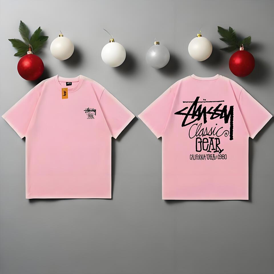 Stussy Pink Loose T-Shirt Cotton Graffiti Print Unisex Streetwear