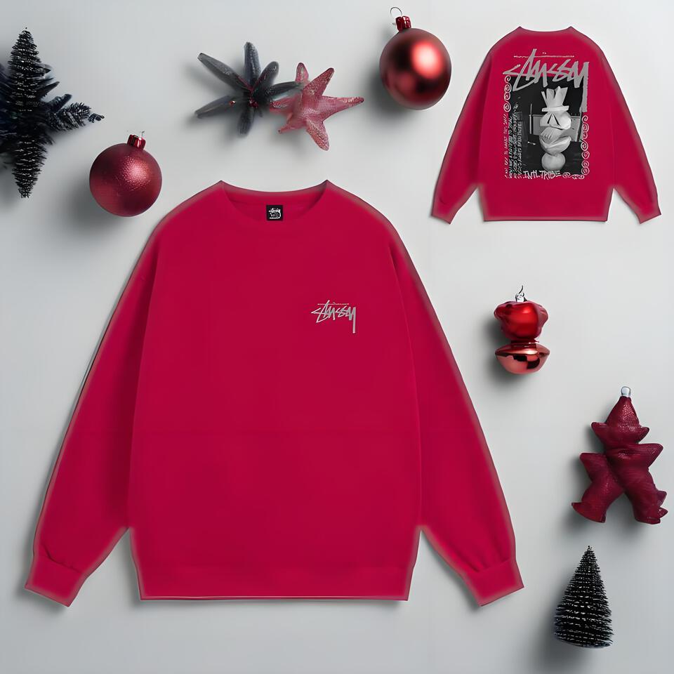 Stussy Red Cotton Crewneck Streetwear Unisex Hoodie