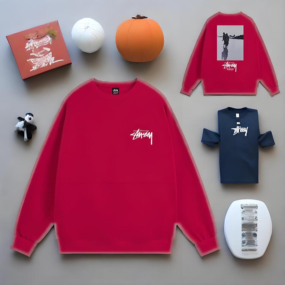 Stussy Red Crewneck Cotton Oversized Streetwear Unisex Hoodie