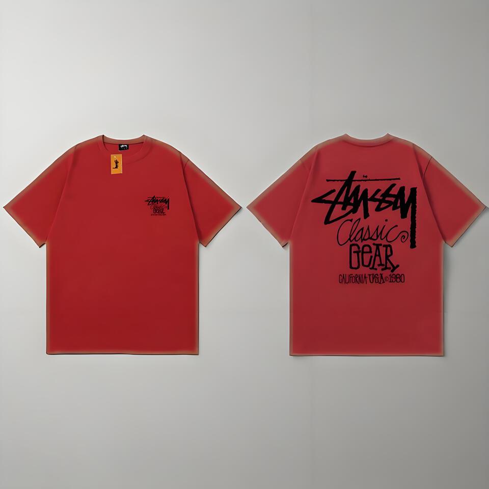 Stussy Red Crewneck Cotton T-Shirt Street Graffiti Retro Unisex