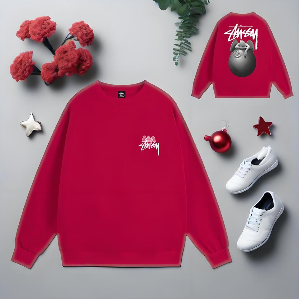 Stussy Red Crewneck Sweatshirt Cotton Streetwear Unisex Print