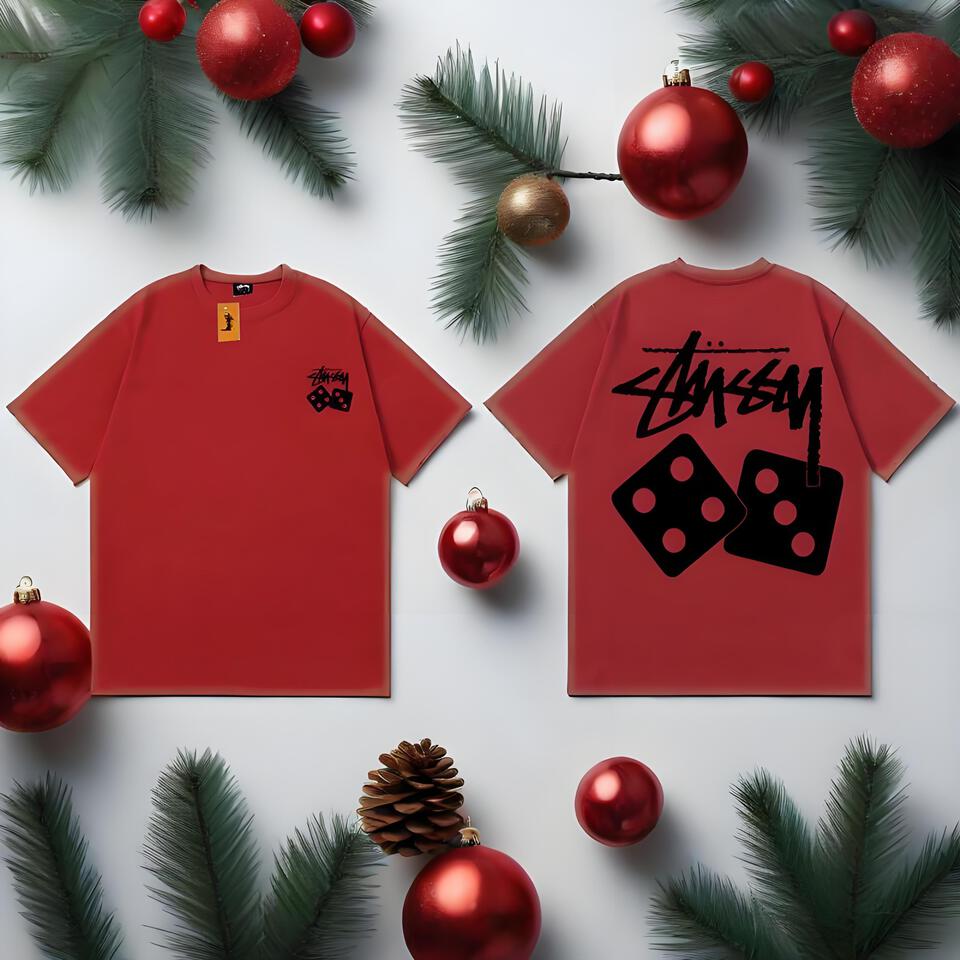 Stussy Red Loose Cotton Tee Street Graffiti Dice Unisex