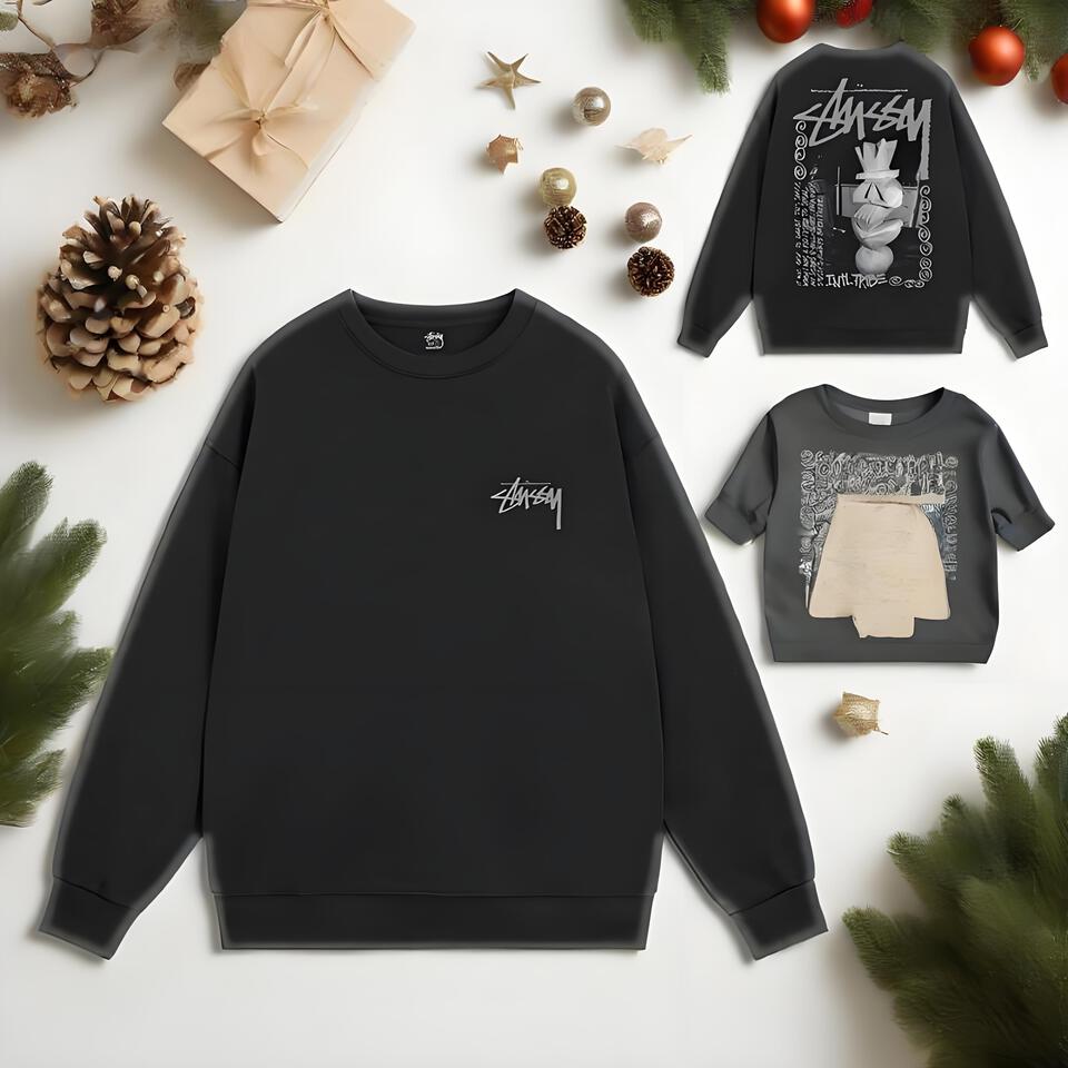 Stussy Unisex Black Cotton Streetwear Loose Fit Crewneck Sweatshirt