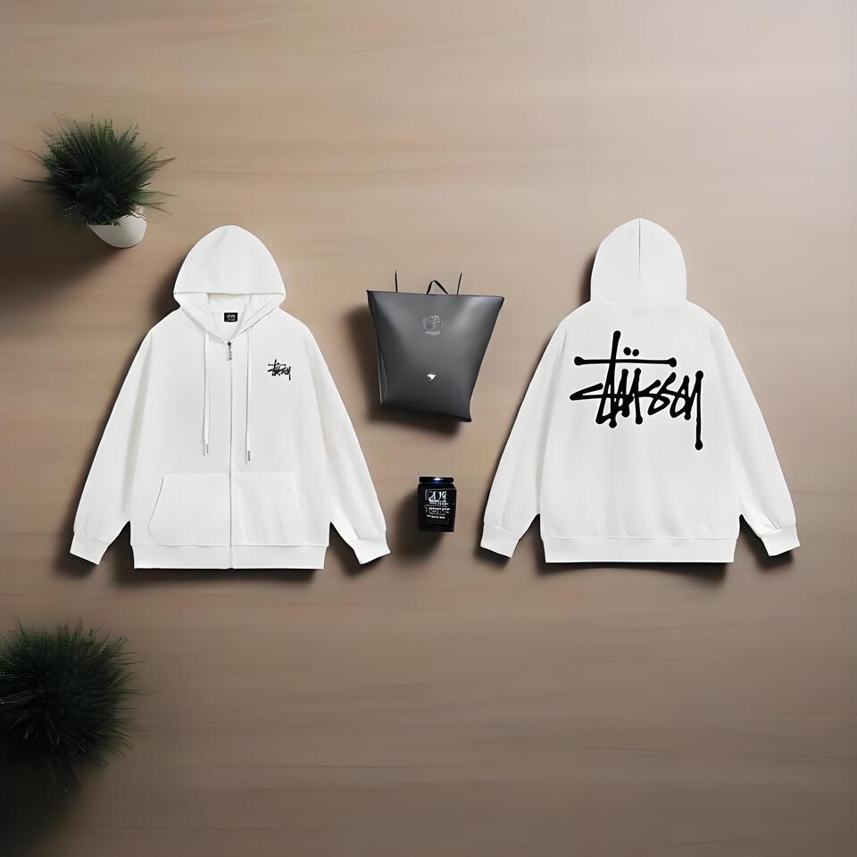 Stussy White Cotton Hoodie Unisex Streetwear Essential