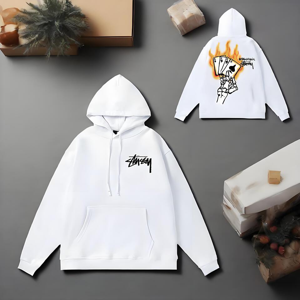 Stussy White Cotton Hoodie Unisex Streetwear Pullover