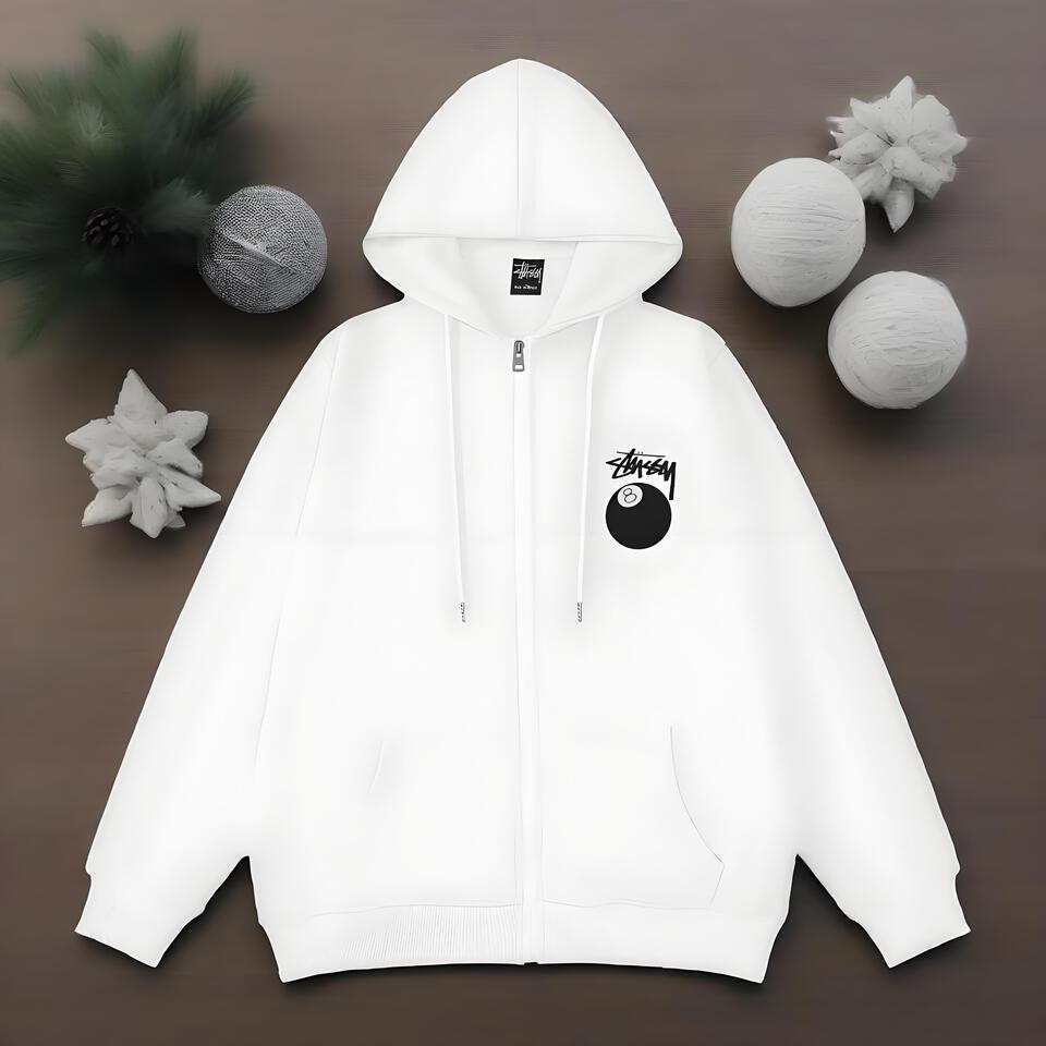 Stussy White Cotton Hoodie Zip Up Streetwear Pullover