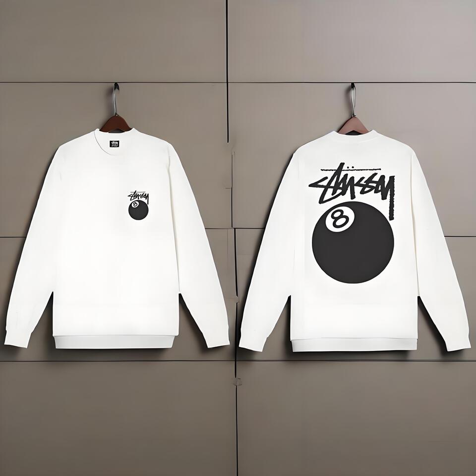 Stussy White Cotton No.8 Billiard Street Style Long Sleeve Tee
