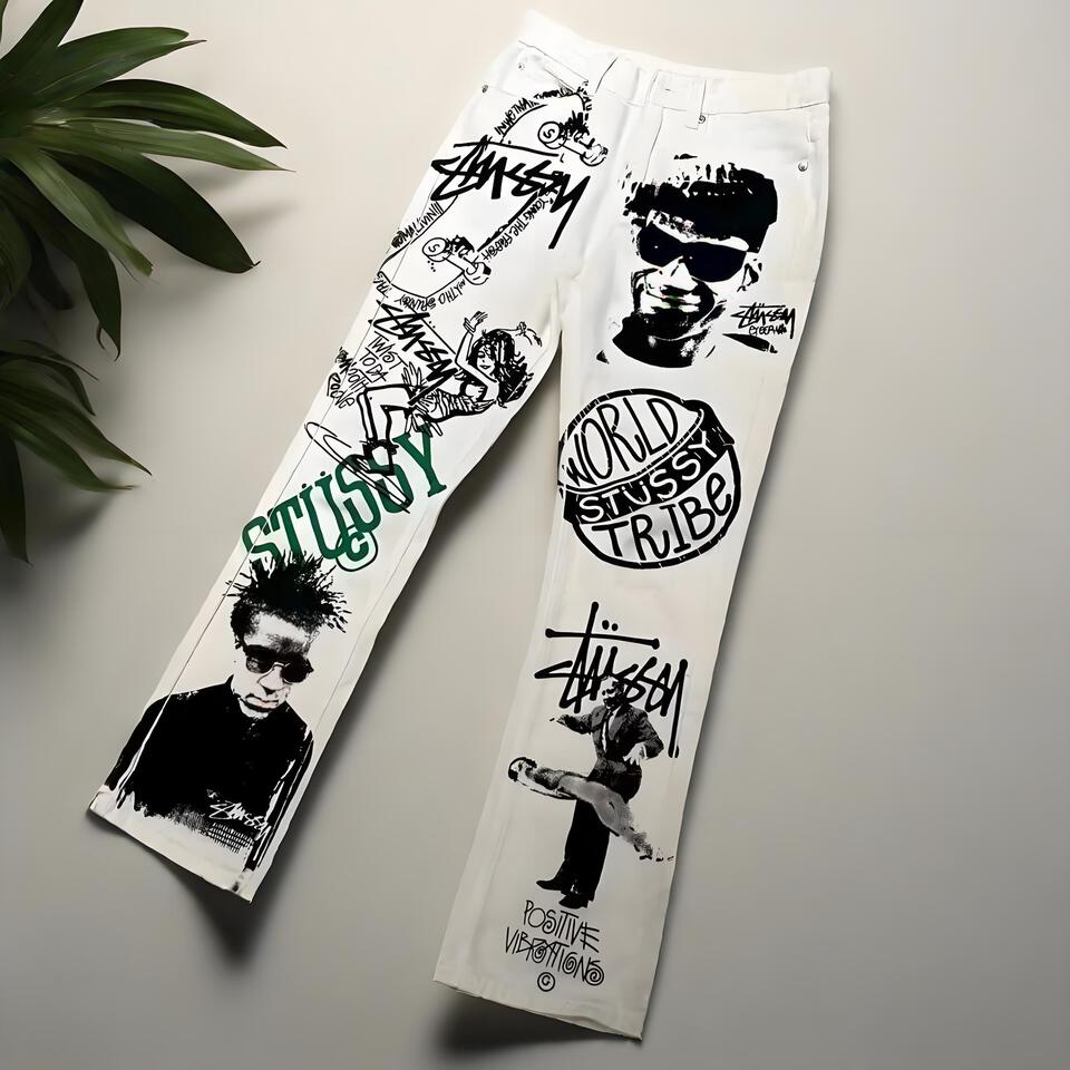 Stussy White Graffiti Print Cotton Straight Leg Pants