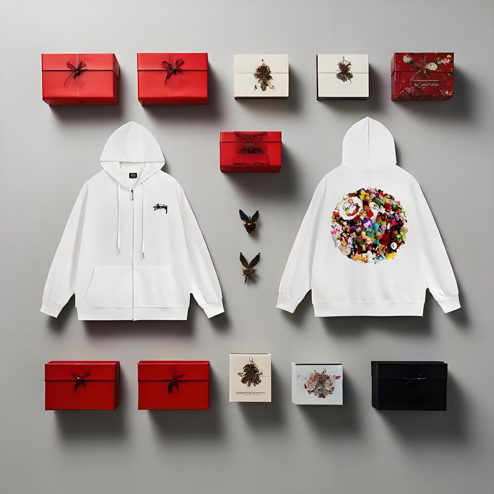 Stussy White Hooded Zip-Up Sweatshirt Unisex Cotton Streetwear