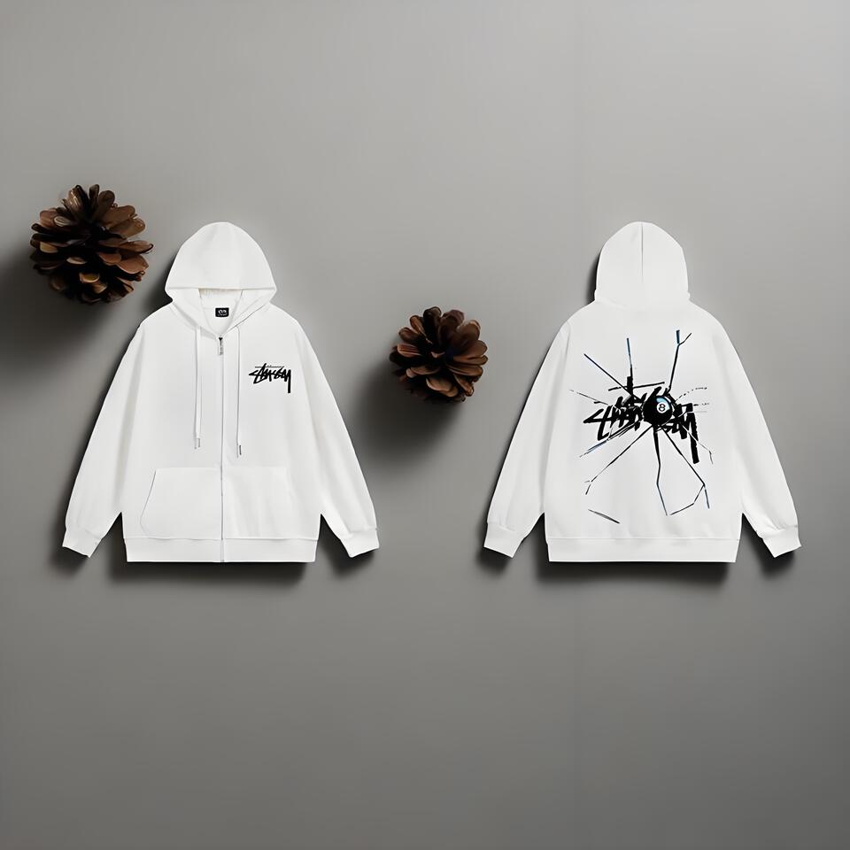 Stussy White Hoodie Unisex Graffiti Zip Up Streetwear