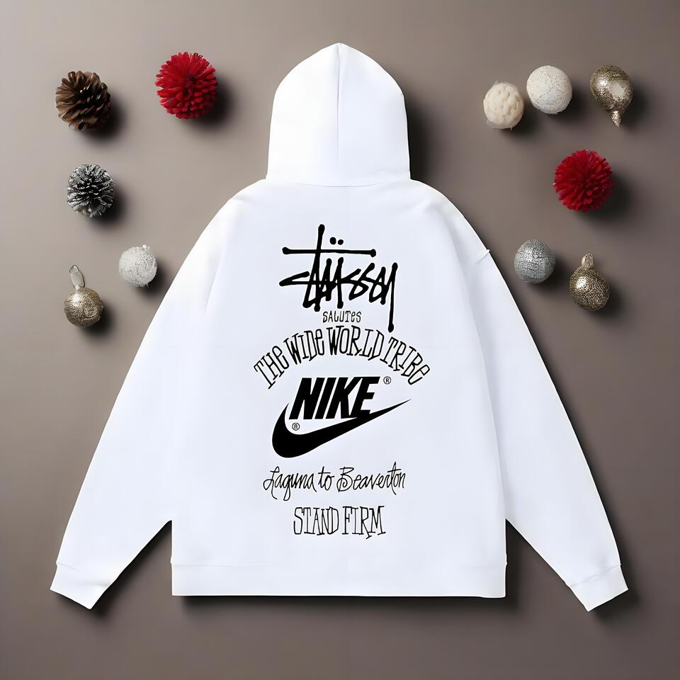 Stussy White Hoodie Unisex Streetwear Cotton Classic Logo Print