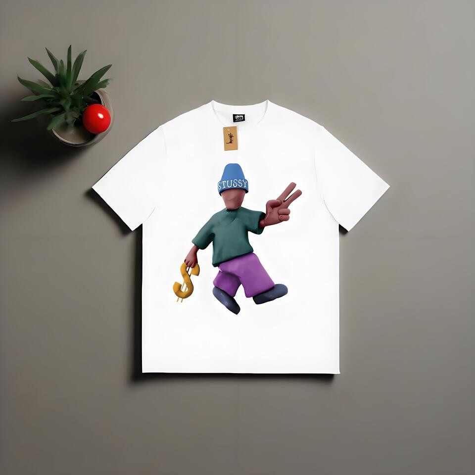 Stussy White Loose Cotton Cartoon Print Unisex T-Shirt