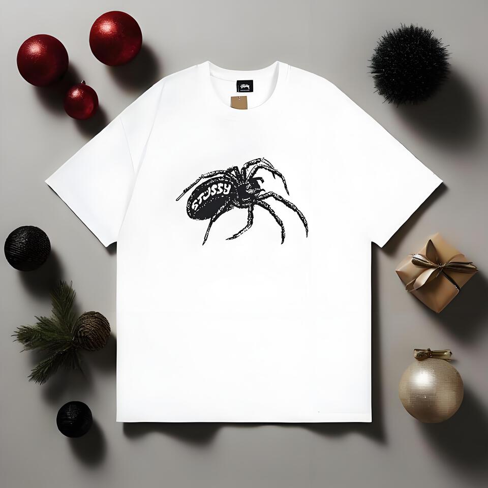 Stussy White Loose Spider Print Cotton T-Shirt