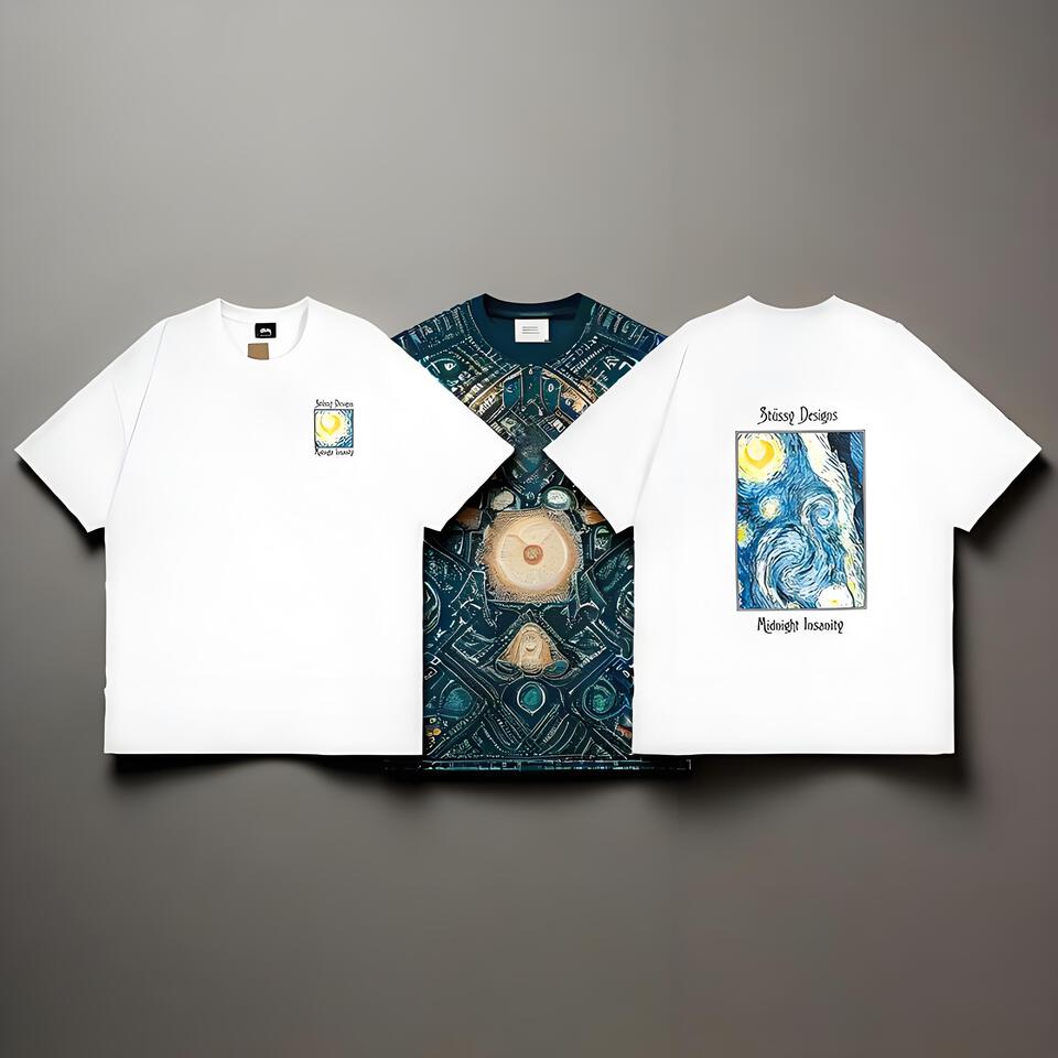 Stussy White Oversized Starry Night Street Art Cotton Tee