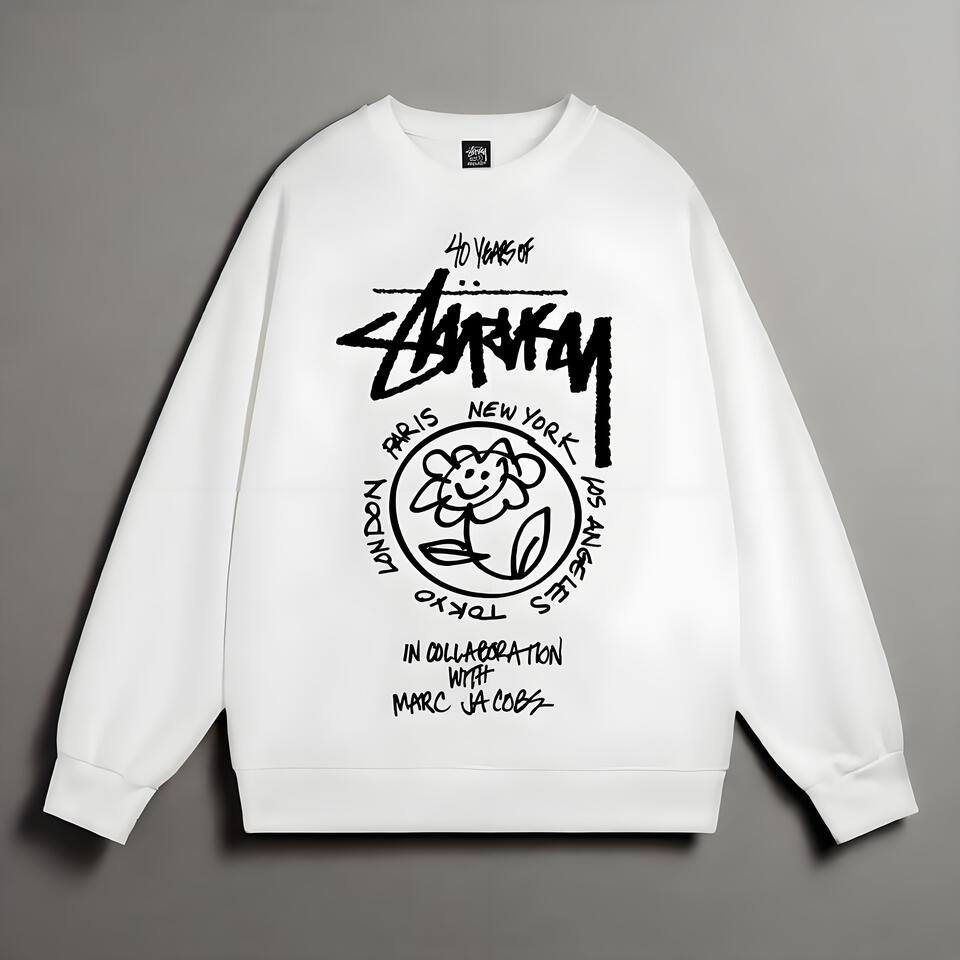Stussy White Streetwear Commemorative Crewneck Sweatshirt