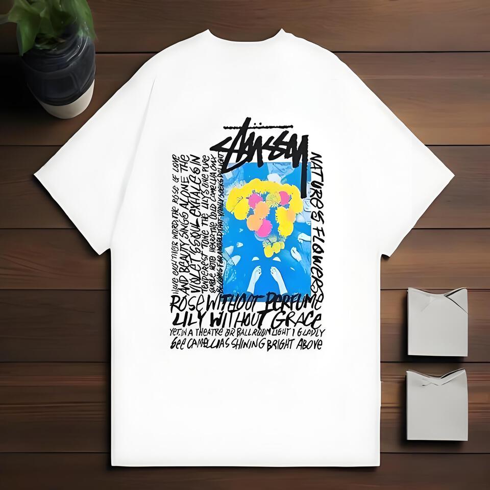 Stussy White T-Shirt Cotton Loose Graffiti Retro Floral Unisex