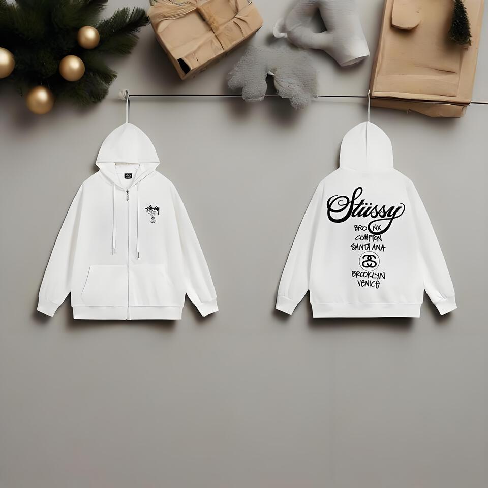 Stussy White Zip-Up Hoodie Cotton Streetwear Unisex