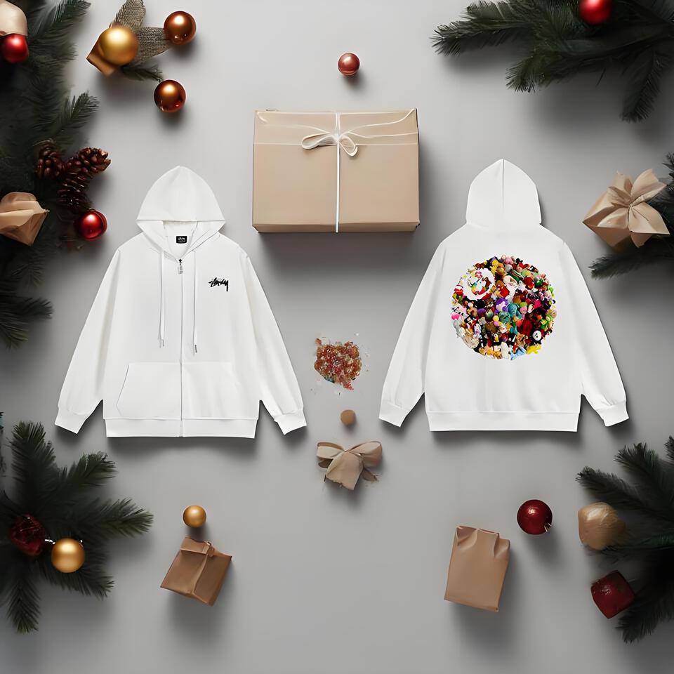 Stussy White Zip-Up Hoodie Unisex Cotton Embroidered Streetwear