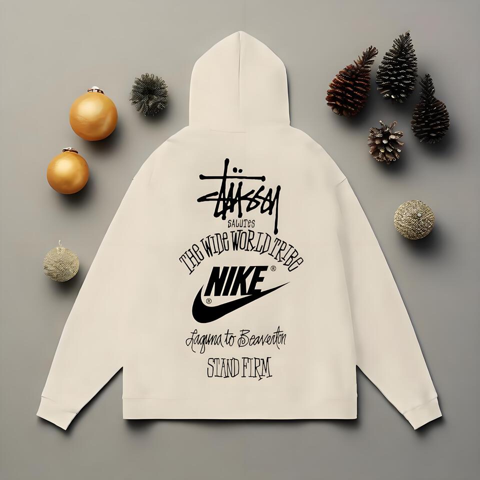 Stussy X Nike Hoodie Cream Cotton Unisex Streetwear