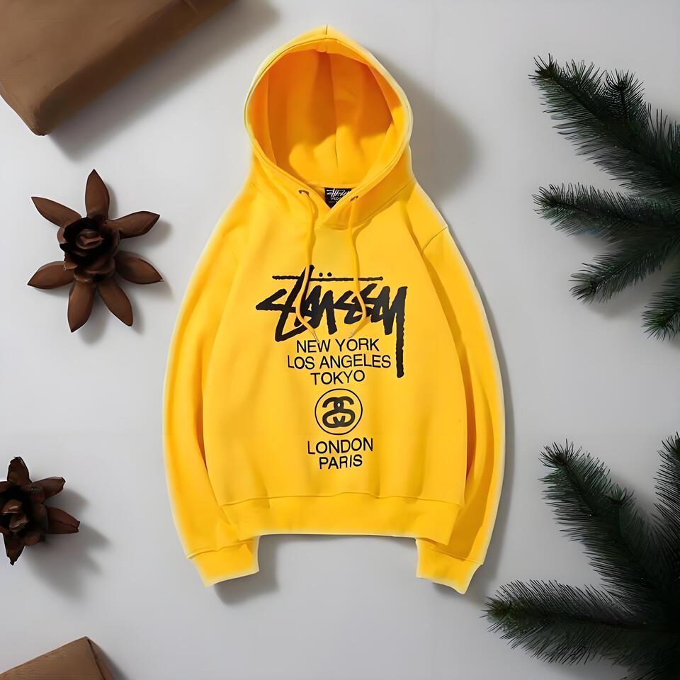 Stussy Yellow Hoodie Cotton Graffiti Streetwear Unisex