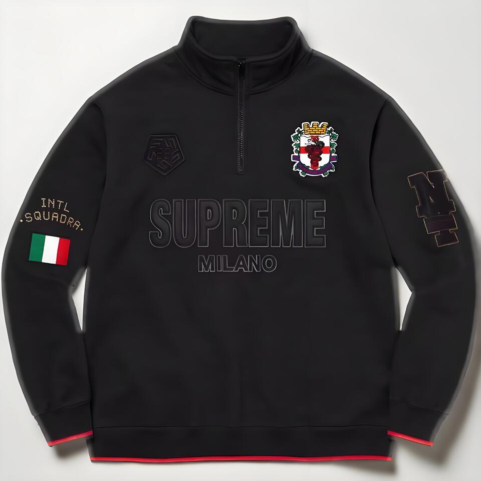 Supreme Black Cotton Half-Zip Embroidered Crewneck Sweatshirt