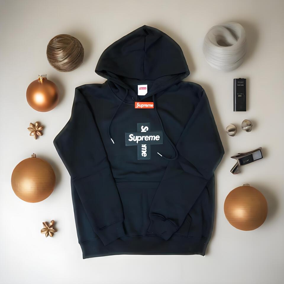 Supreme Black Cotton Hoodie Streetwear Embroidered Unisex