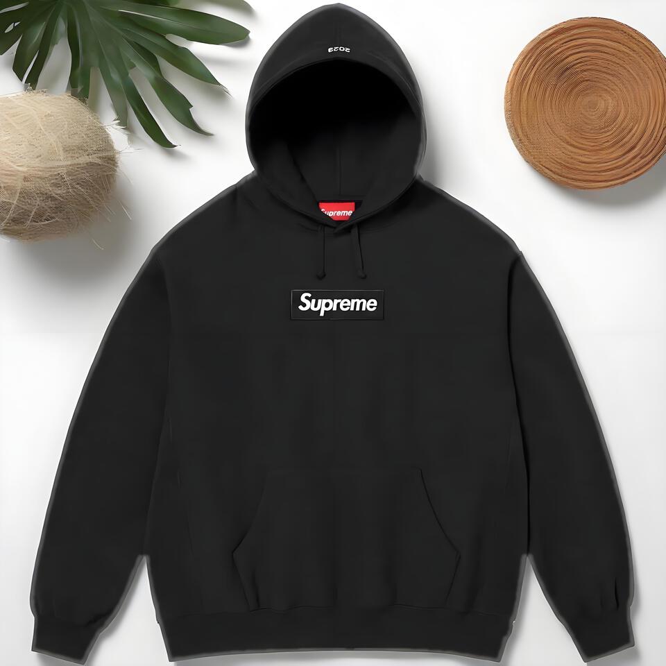 Supreme Black Cotton Hoodie Unisex Streetwear Loose Fit