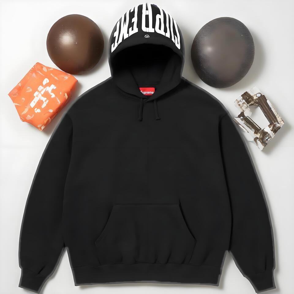 Supreme Black Cotton Hoodie With Logo Print