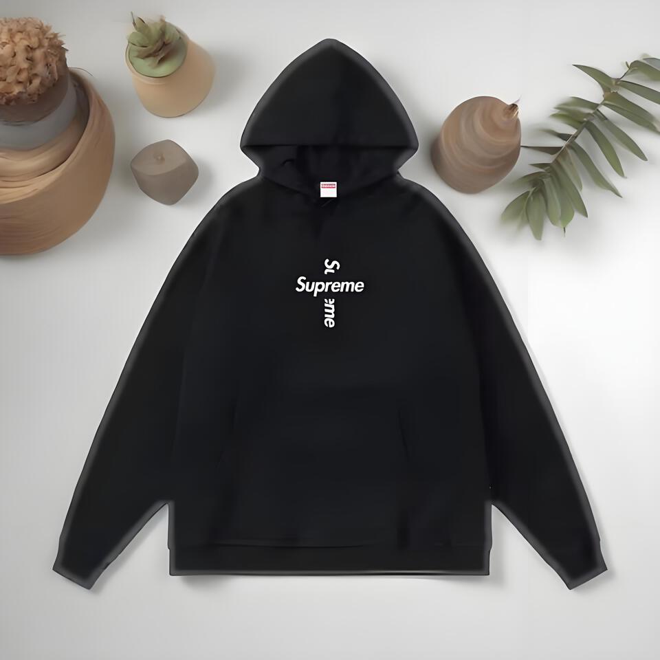 Supreme Black Hooded Sweatshirt Unisex Cotton Streetwear