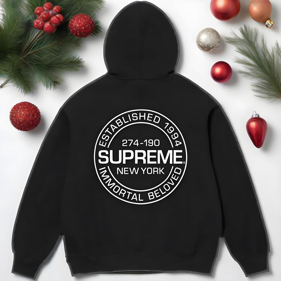 Supreme Black Hoodie Street Tribal Print Unisex Loose Fit