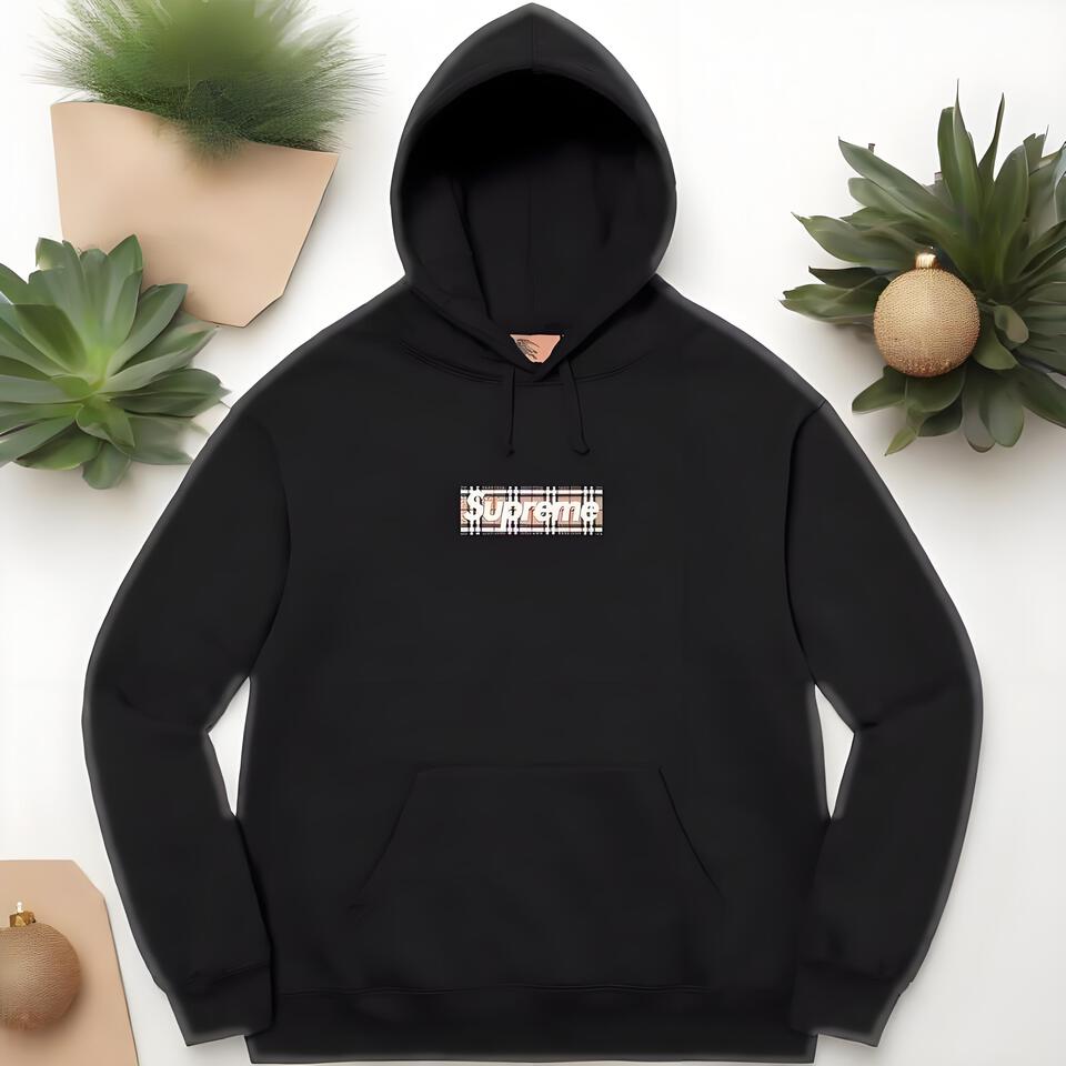 Supreme Black Hoodie Unisex Street Plaid Print