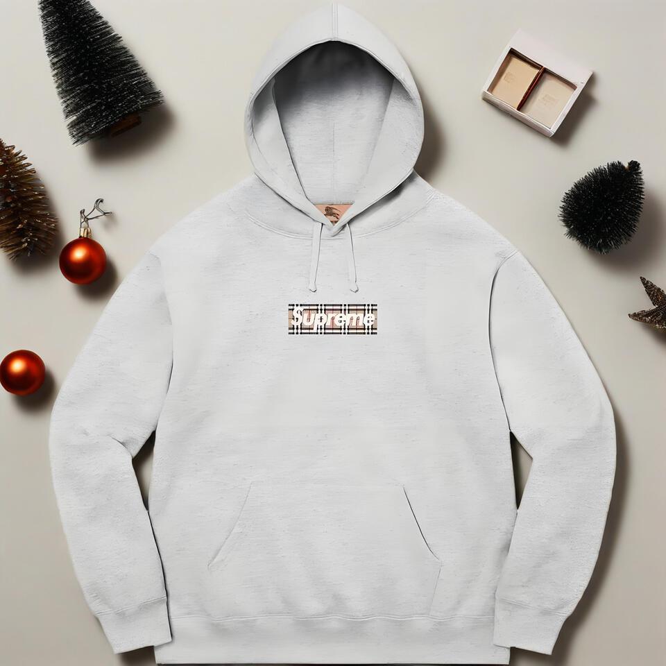 Supreme Check Print Gray Cotton Oversized Hoodie