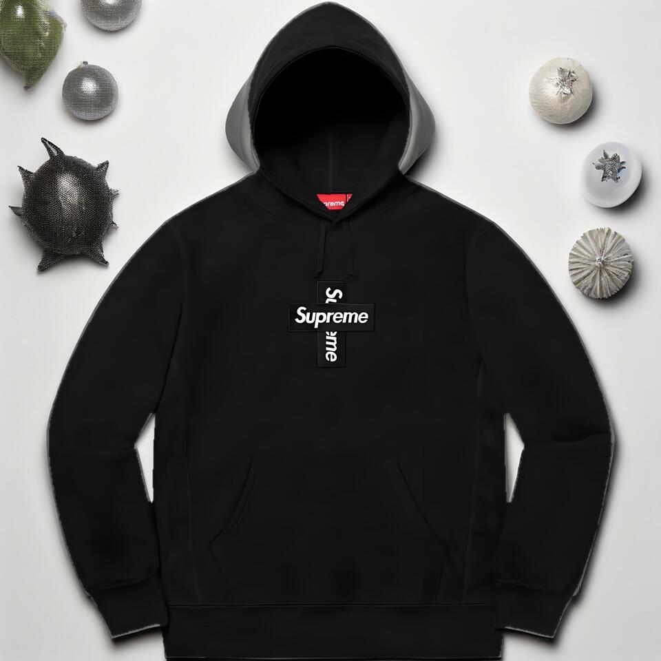 Supreme Cross Logo Black Fleece Hoodie Unisex Streetwear