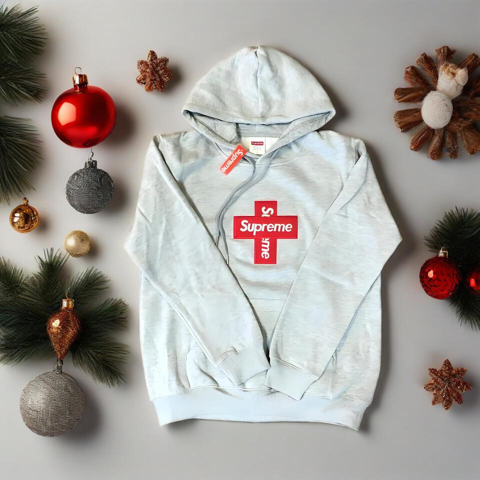 Supreme Gray Hooded Sweatshirt Unisex Cotton Streetwear