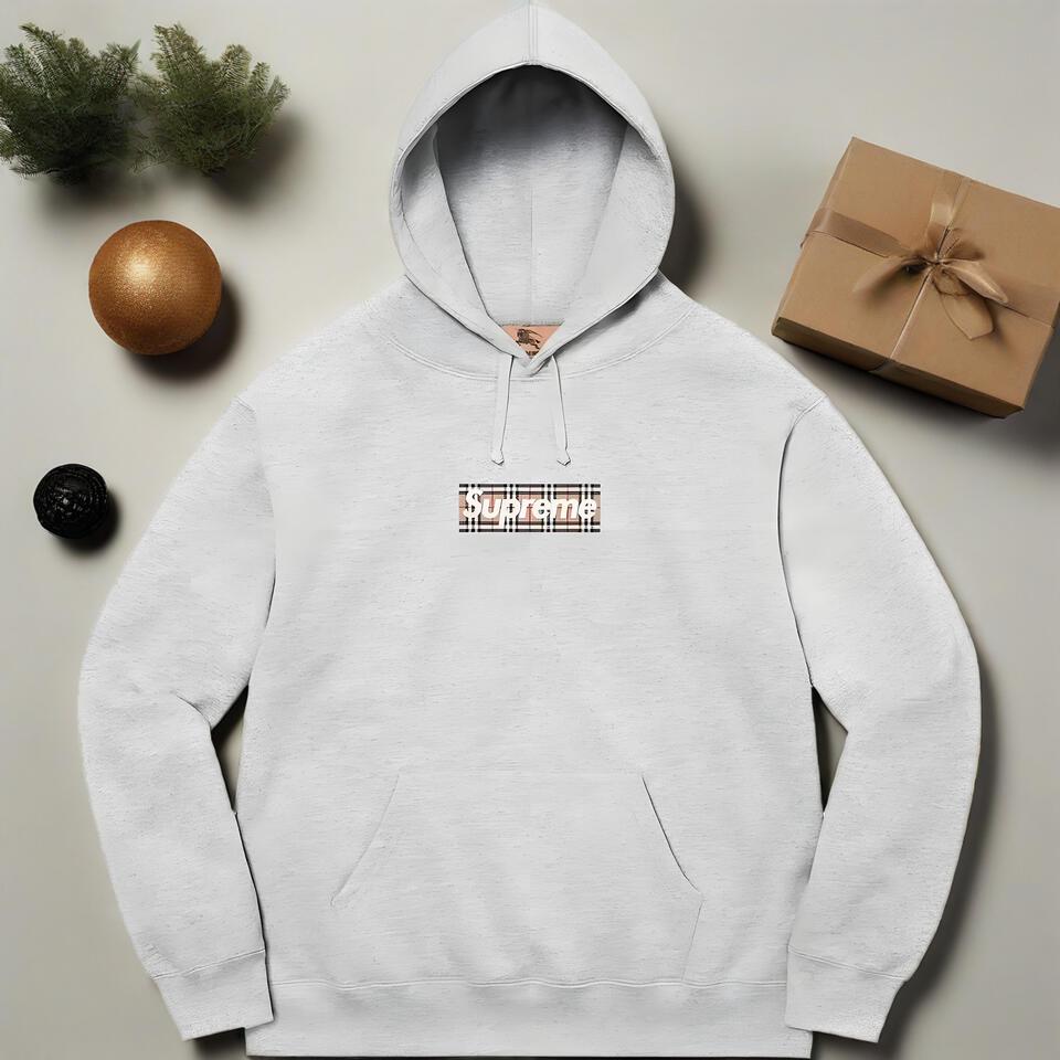 Supreme Grey Cotton Classic Plaid Hooded Sweatshirt