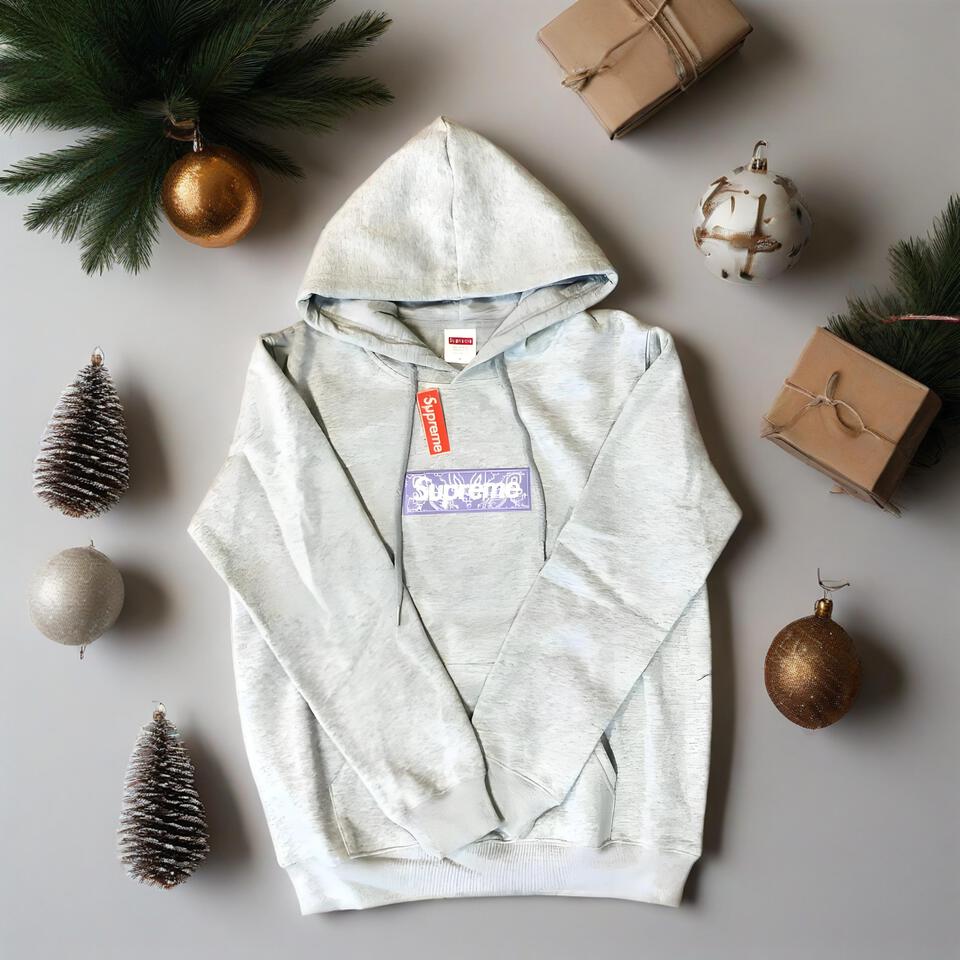 Supreme Grey Cotton Hoodie Unisex Streetwear Casual
