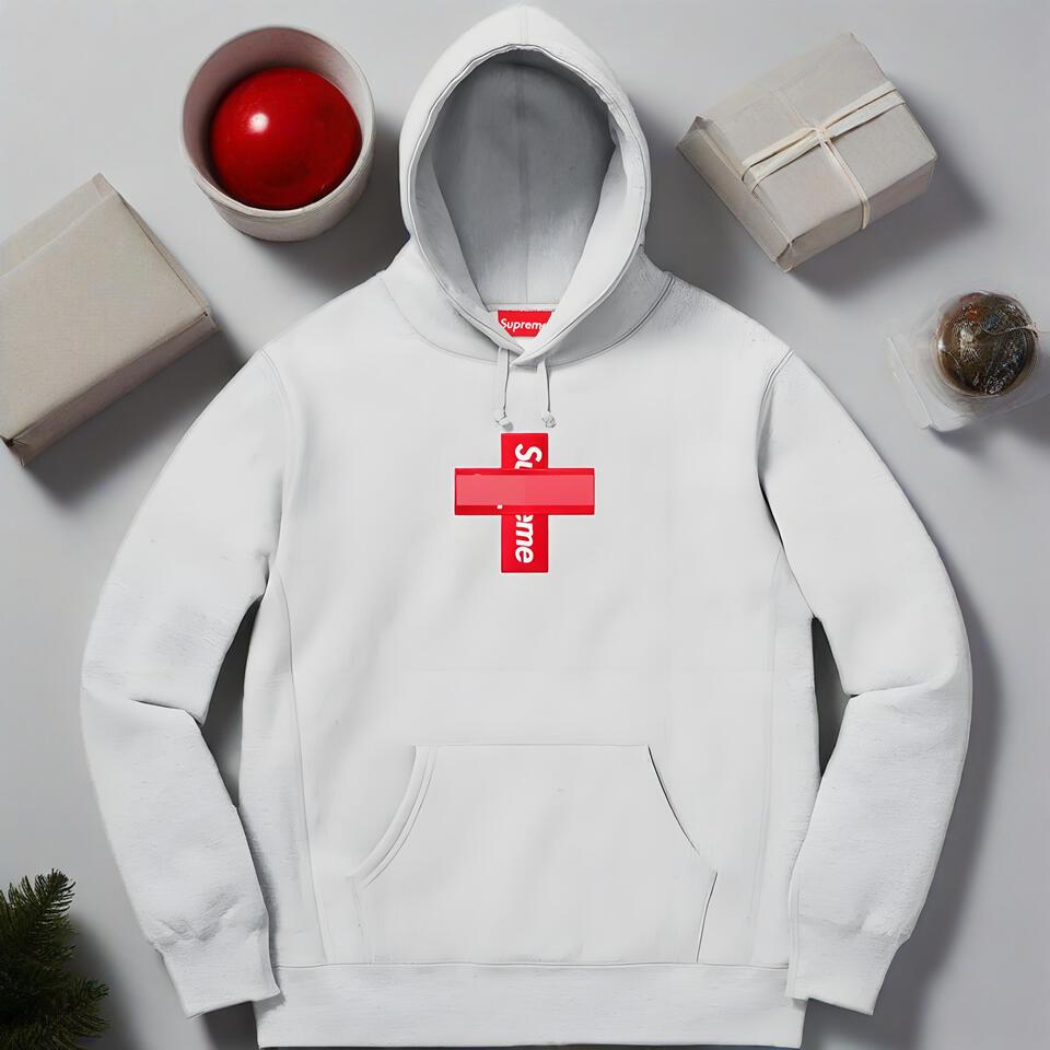 Supreme Grey Hooded Cotton Sweatshirt Red Logo