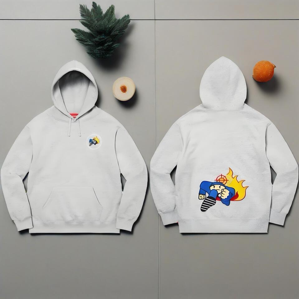 Supreme Grey Hoodie Street Flame Print Unisex Cotton